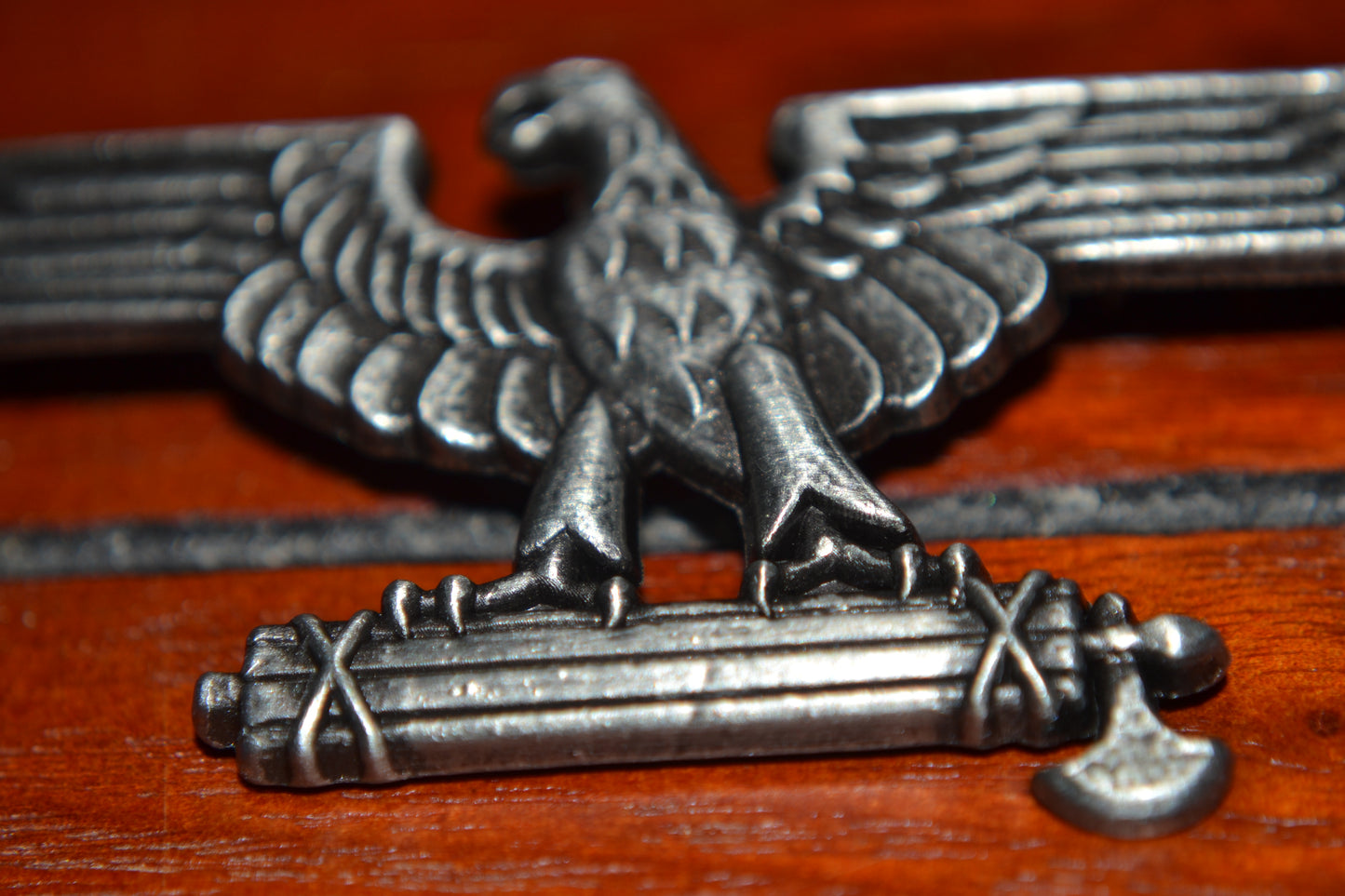 Close up of Eagle and Fasces of Rome pin. 